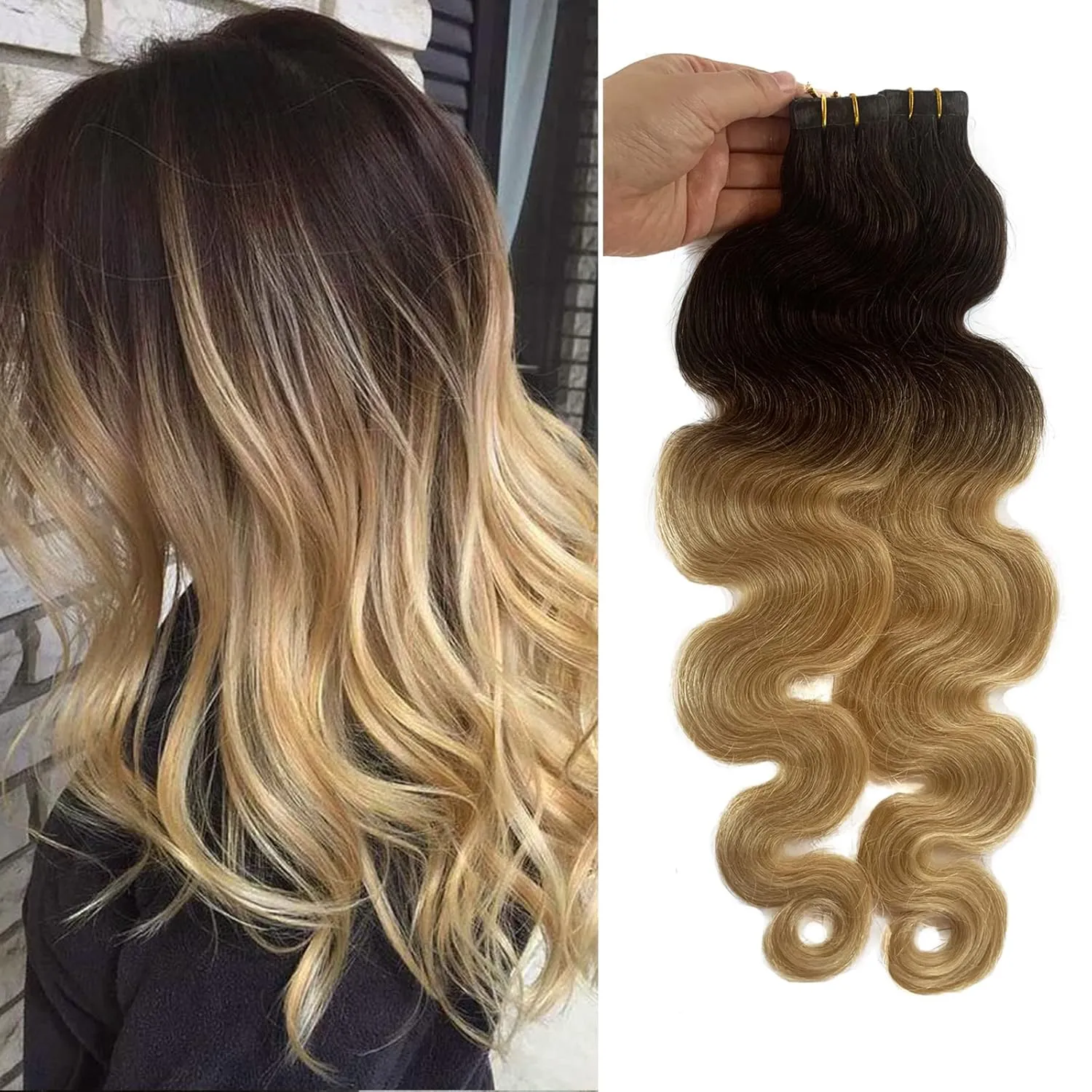 Ombre Blonde Body Wavy Tape in Hair Extensions for Women 16inch Dark Brown Fading to 613 Blonde Tape ins Remy Human Hair Extensions Skin Weft Invisible 20 Pieces 30G