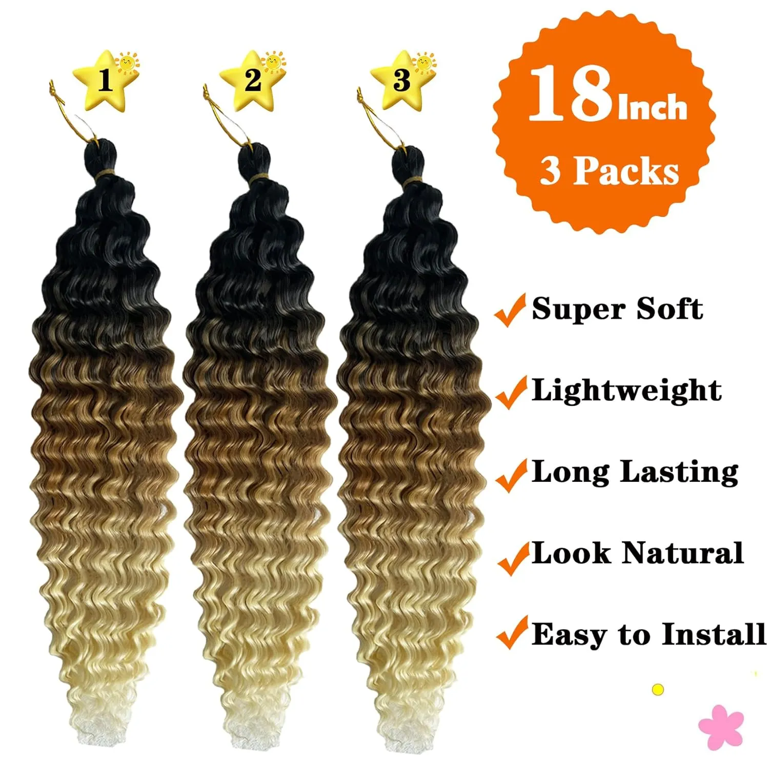 Ombre Ocean Wave Crochet Hair 18 Inch Curly Deep Wave for Bohemian Knotless Braids Water Wave Hair for Women (3 Packs, 1B/27/613#)
