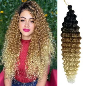 Ombre Ocean Wave Crochet Hair 18 Inch Curly Deep Wave for Bohemian Knotless Braids Water Wave Hair for Women (3 Packs, 1B/27/613#)