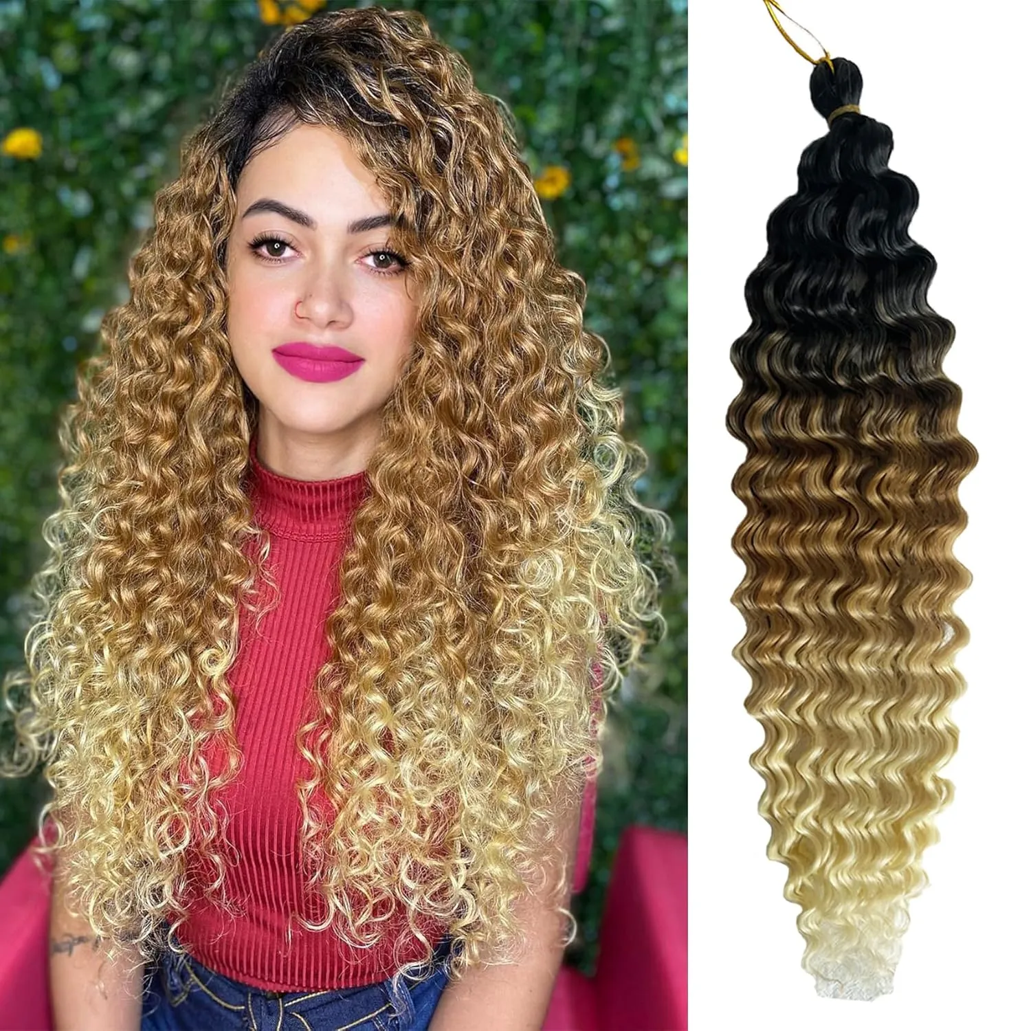 Ombre Ocean Wave Crochet Hair 18 Inch Curly Deep Wave for Bohemian Knotless Braids Water Wave Hair for Women (3 Packs, 1B/27/613#)