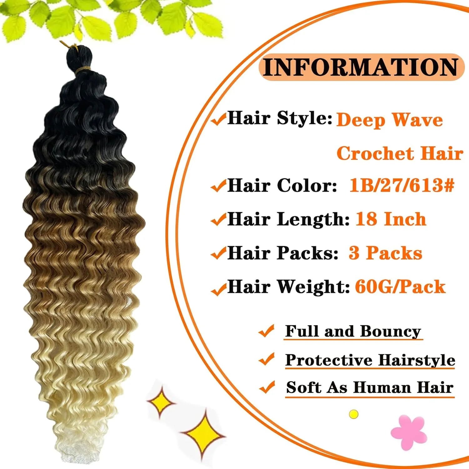 Ombre Ocean Wave Crochet Hair 18 Inch Curly Deep Wave for Bohemian Knotless Braids Water Wave Hair for Women (3 Packs, 1B/27/613#)