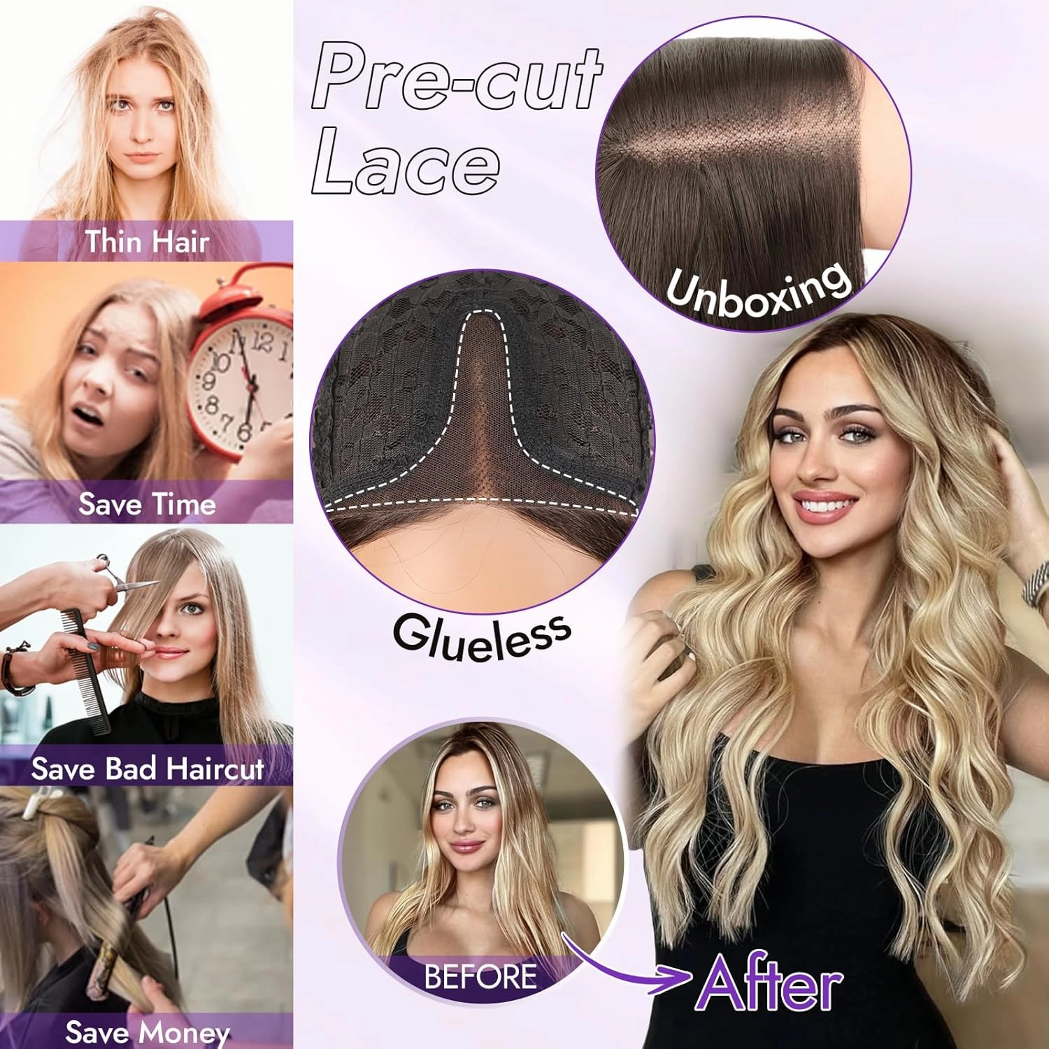 Ombre Blonde Long Wavy Wig for Women, Pre-Cut HD Lace Natural Hairline, Glueless Middle Part, Synthetic Fiber for Daily and Party Use 26Inch