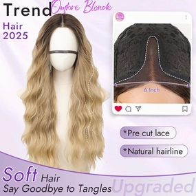 Ombre Blonde Long Wavy Wig for Women, Pre-Cut HD Lace Natural Hairline, Glueless Middle Part, Synthetic Fiber for Daily and Party Use 26Inch