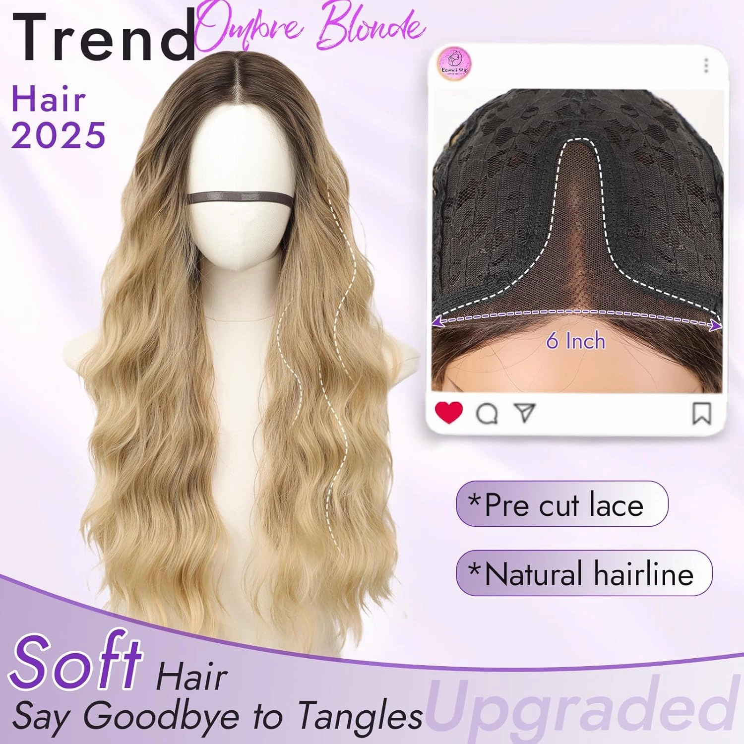 Ombre Blonde Long Wavy Wig for Women, Pre-Cut HD Lace Natural Hairline, Glueless Middle Part, Synthetic Fiber for Daily and Party Use 26Inch