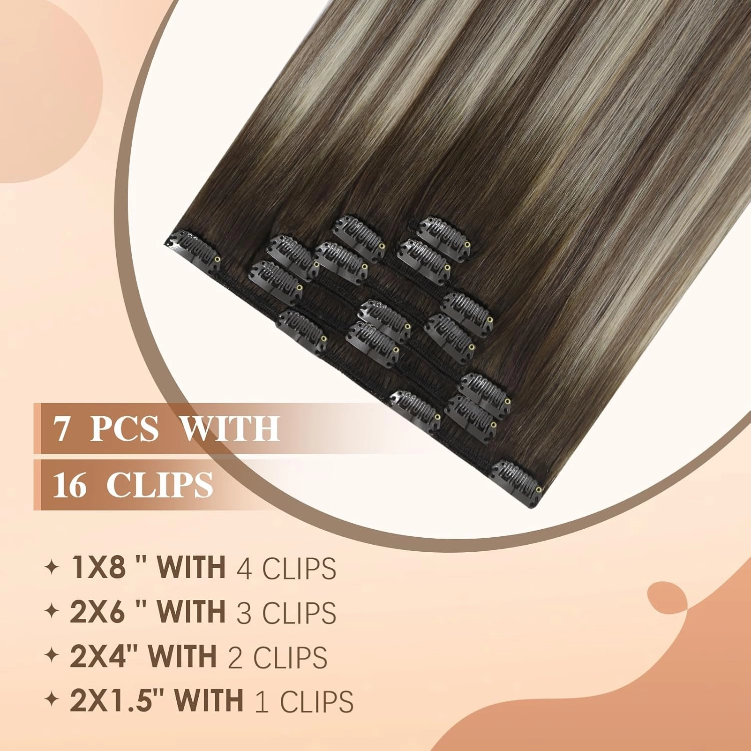 ombre clip in hair extensions remy hair extensions Balayage Walnut Brown to Ash Brown Mix Light Blonde Double Weft real hair extensions clip ins Straight Human Hair 12 Inch 7PCS 55g