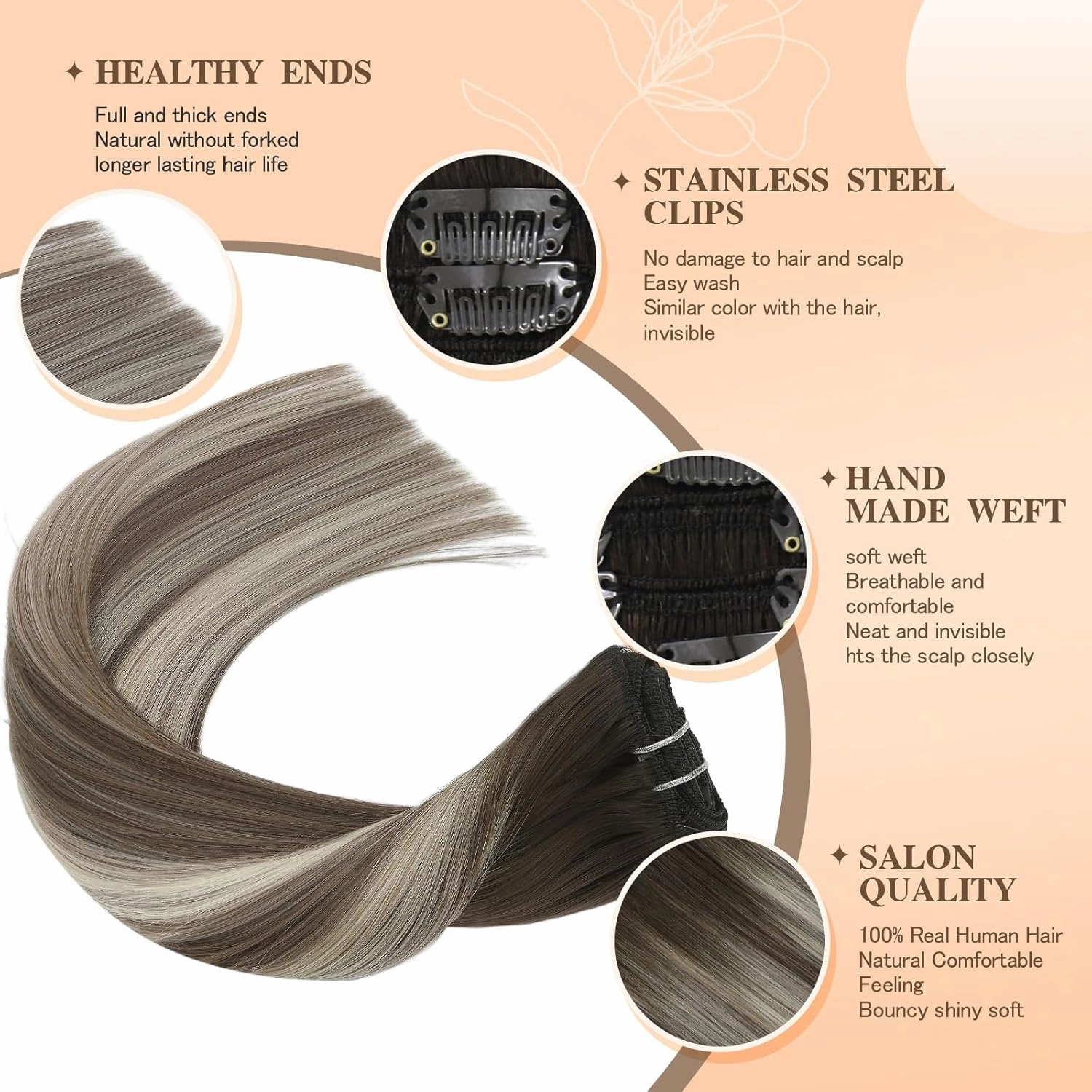 ombre clip in hair extensions remy hair extensions Balayage Walnut Brown to Ash Brown Mix Light Blonde Double Weft real hair extensions clip ins Straight Human Hair 12 Inch 7PCS 55g