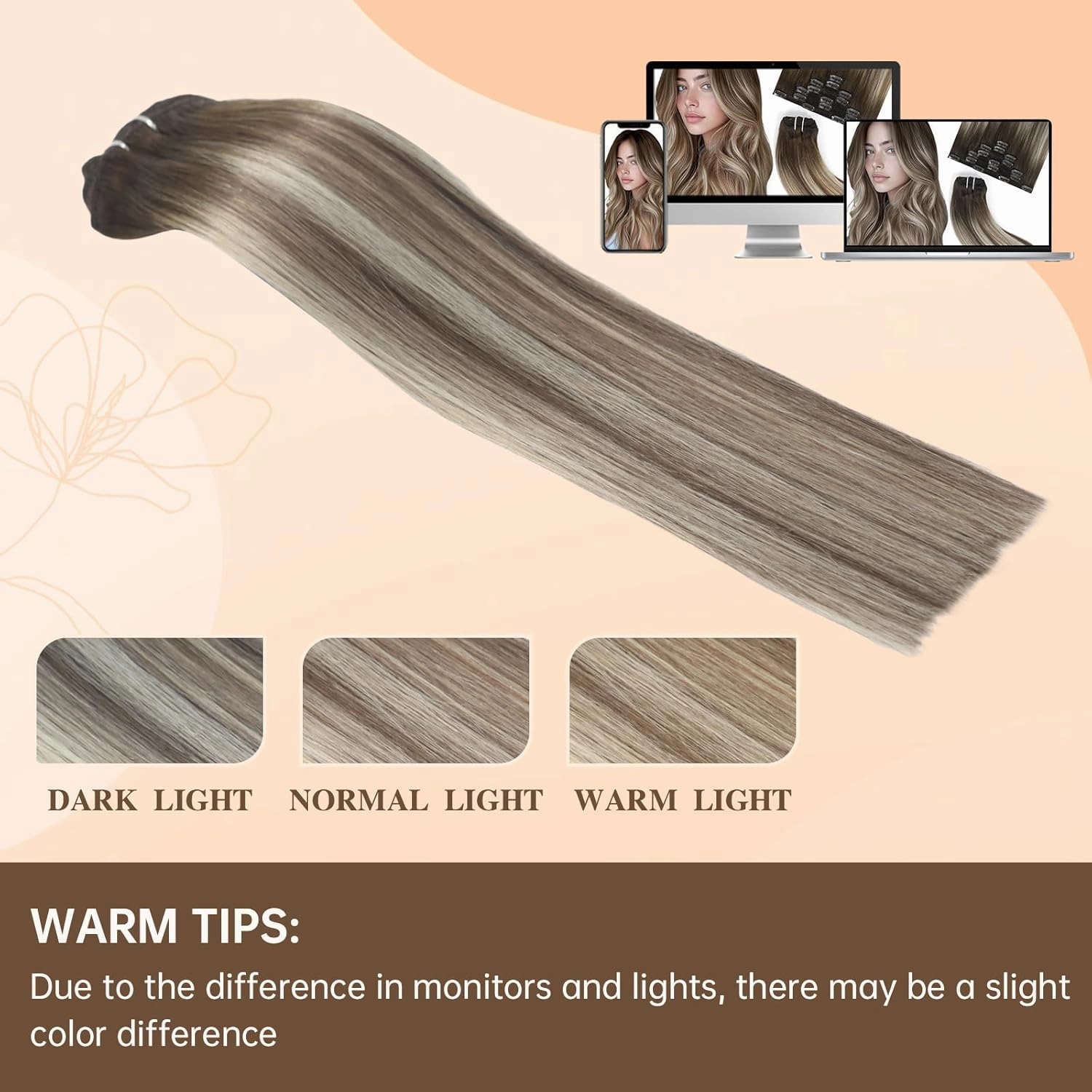 ombre clip in hair extensions remy hair extensions Balayage Walnut Brown to Ash Brown Mix Light Blonde Double Weft real hair extensions clip ins Straight Human Hair 12 Inch 7PCS 55g