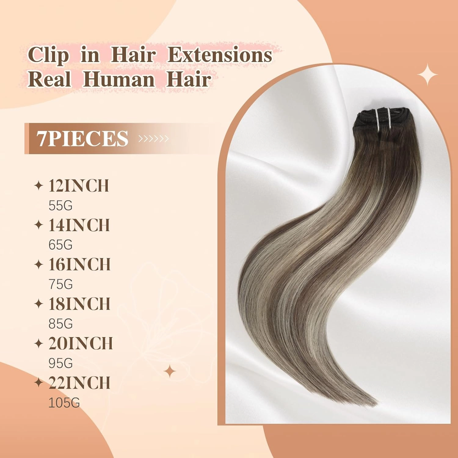 ombre clip in hair extensions remy hair extensions Balayage Walnut Brown to Ash Brown Mix Light Blonde Double Weft real hair extensions clip ins Straight Human Hair 12 Inch 7PCS 55g