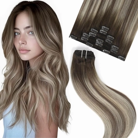 ombre clip in hair extensions remy hair extensions Balayage Walnut Brown to Ash Brown Mix Light Blonde Double Weft real hair extensions clip ins Straight Human Hair 12 Inch 7PCS 55g