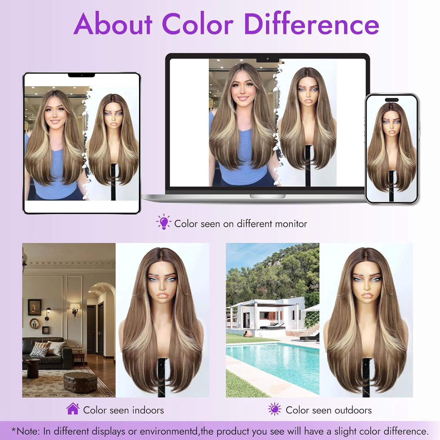 Ombre Light Brown With Blonde Glueless Wigs for Women Pre Cut Synthetic Lace Hairline Long Layered Straight Hairstyle 26 Inch