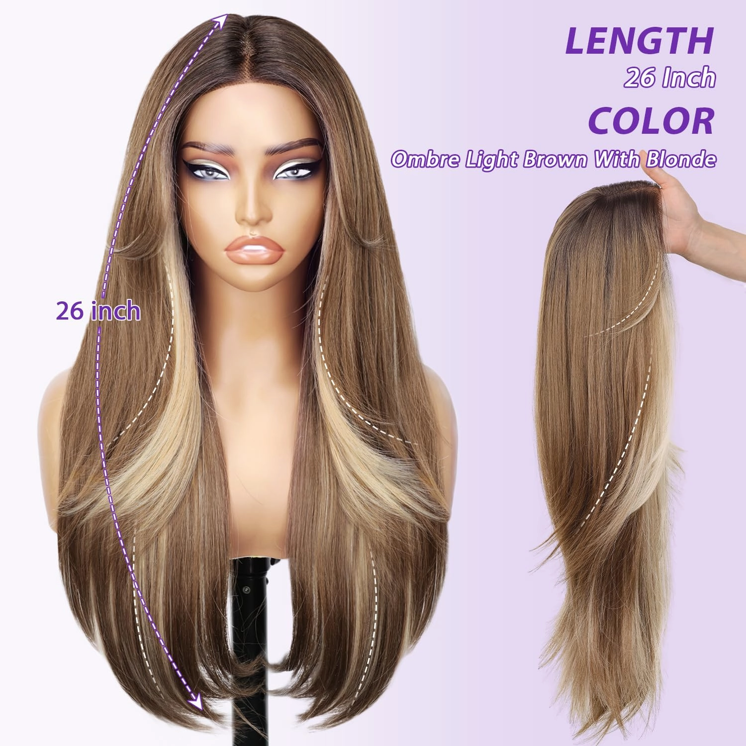 Ombre Light Brown With Blonde Glueless Wigs for Women Pre Cut Synthetic Lace Hairline Long Layered Straight Hairstyle 26 Inch