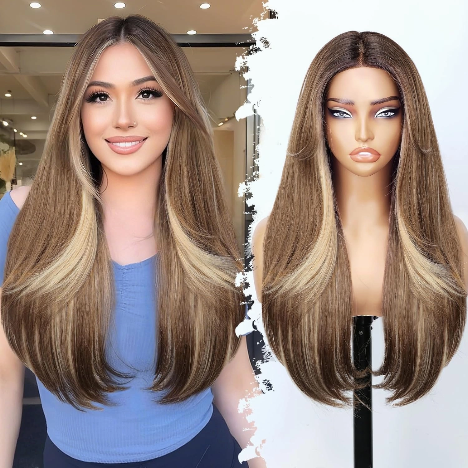Ombre Light Brown With Blonde Glueless Wigs for Women Pre Cut Synthetic Lace Hairline Long Layered Straight Hairstyle 26 Inch