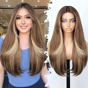 Ombre Light Brown With Blonde Glueless Wigs for Women Pre Cut Synthetic Lace Hairline Long Layered Straight Hairstyle 26 Inch