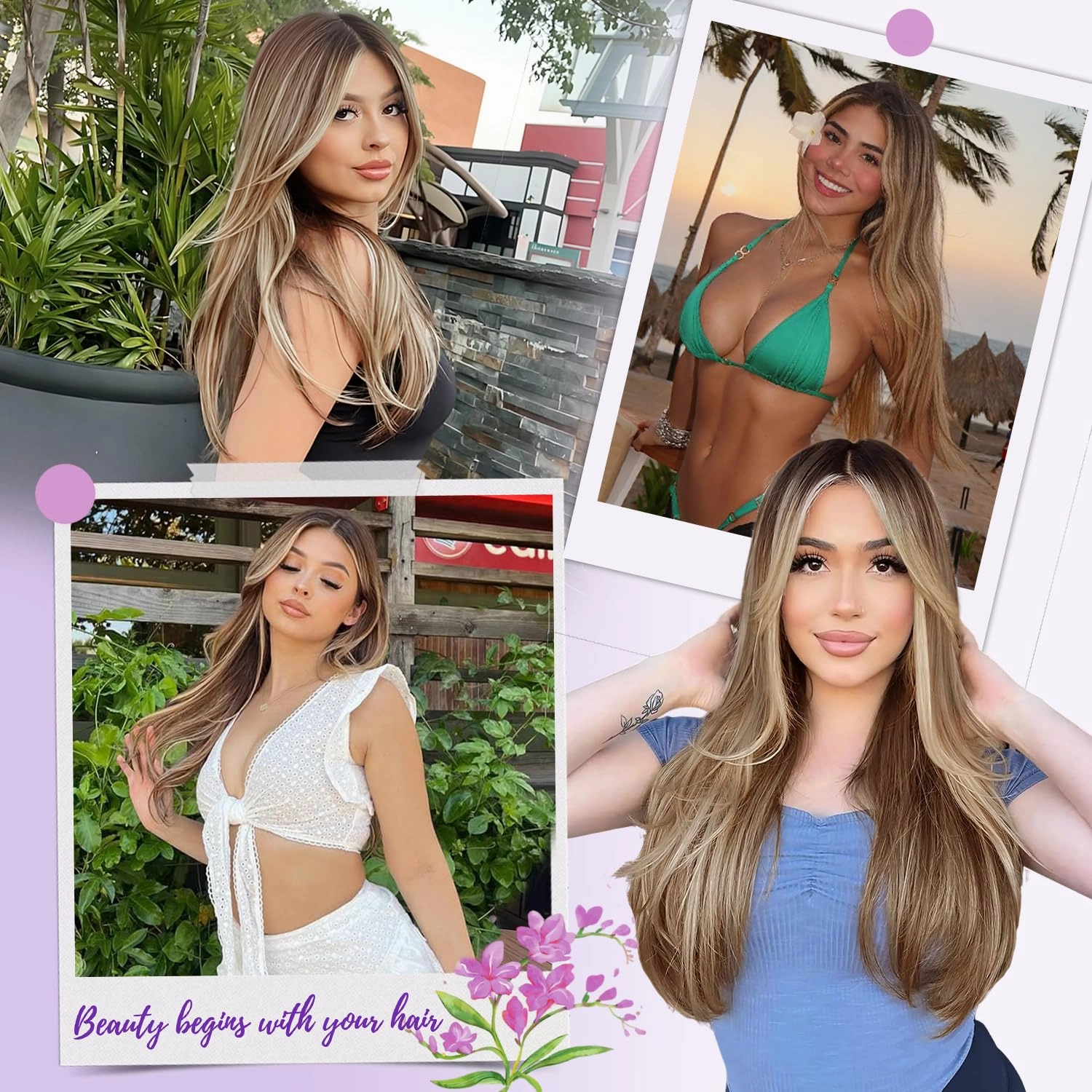 Ombre Light Brown With Blonde Glueless Wigs for Women Pre Cut Synthetic Lace Hairline Long Layered Straight Hairstyle 26 Inch