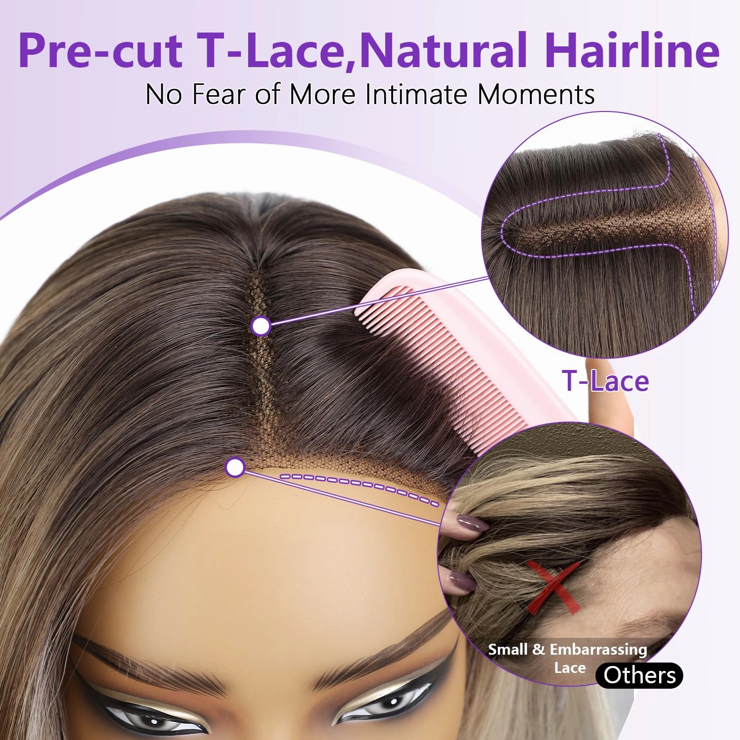 Ombre Light Brown With Blonde Glueless Wigs for Women Pre Cut Synthetic Lace Hairline Long Layered Straight Hairstyle 26 Inch