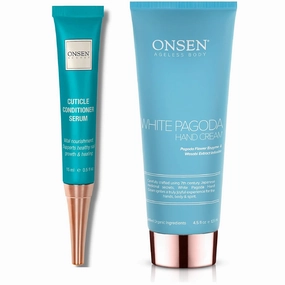 Onsen Secret Cuticle Conditioner Cream 15ml & Japanese Anti-Aging Firming Hand Lotion 135ml Bundle. Cuticle Oil Nail Care Serum Sooth, Repair & Strengthen Cuticles & Nails   Anti Aging Hand Cream