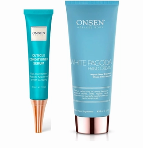 Onsen Secret Cuticle Conditioner Cream 30ml & Japanese Anti-Aging Firming Hand Lotion 135ml Bundle. Cuticle Oil Nail Care Serum Sooth, Repair & Strengthen Cuticles & Nails   Anti Aging Hand Cream