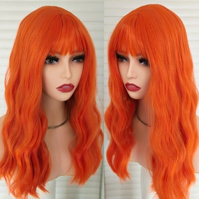 Orange Synthetic Wig with Bangs 16 Inch Shoulder Length Natural Wave Bob Wig for Women Curly Bangs Wigs Heat Resistant Glueless Costume Party Wig for Girls Tangle Free