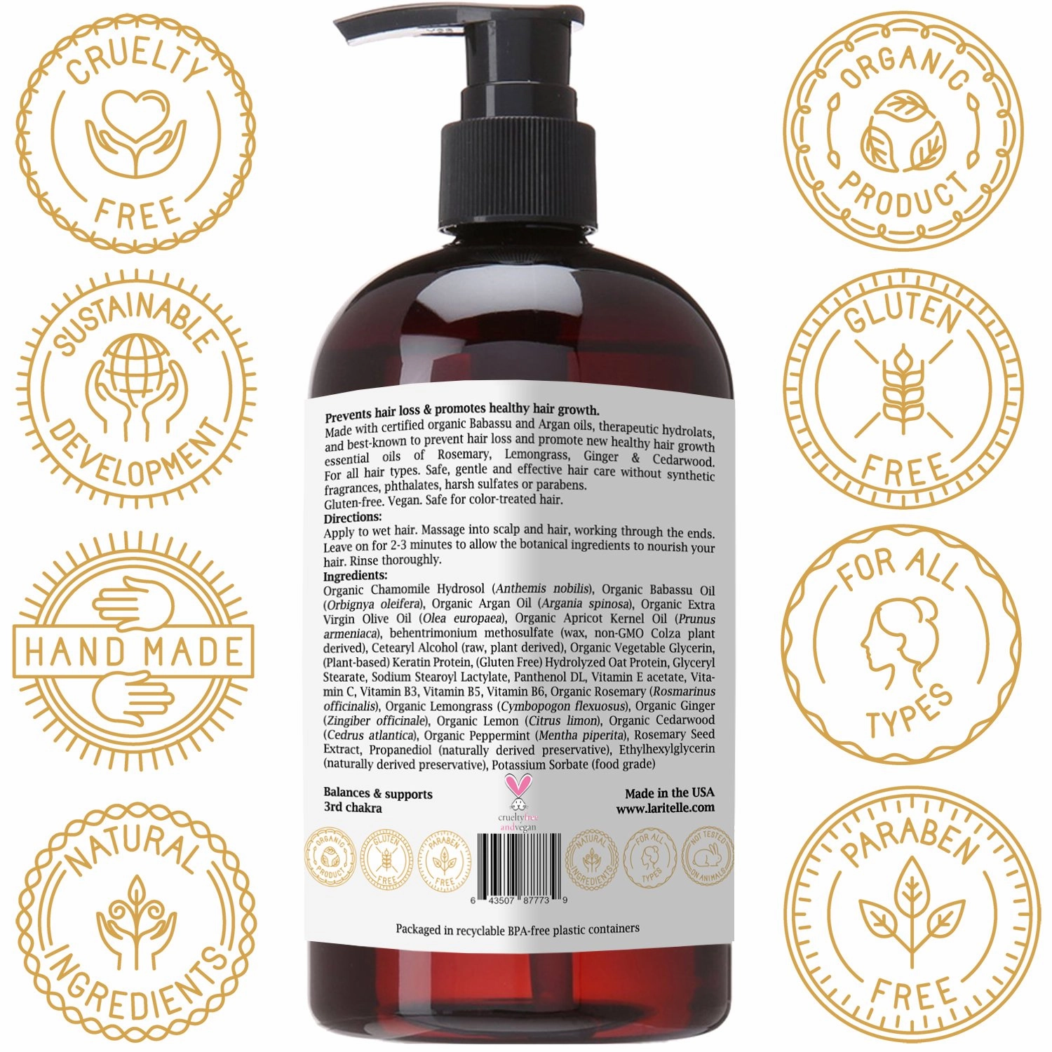 Organic Conditioner 16 oz | Hair Loss Prevention, Anti-Breakage, Split Ends Treatment | Leave-in, Wash-out or Deep Conditioner | NO GMO, Sulfates, Gluten, Alcohol, Parabens, Phthalates