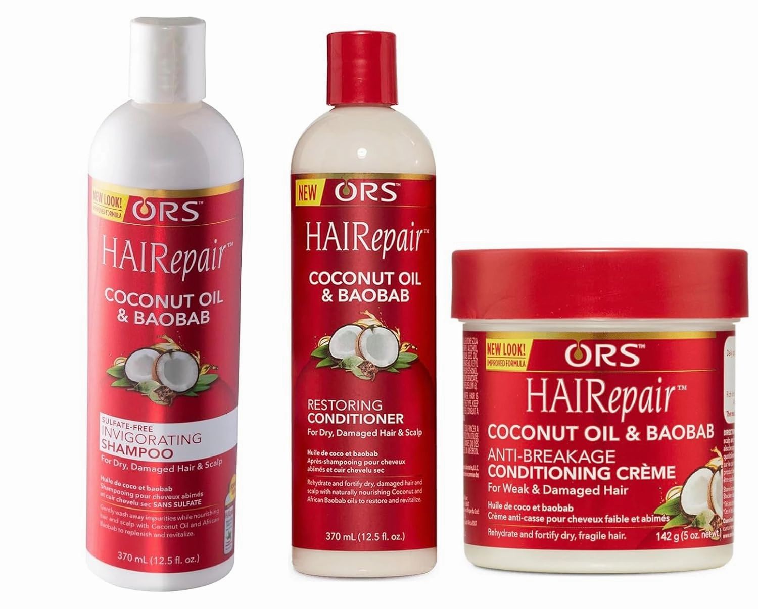 ORS HAIRepair Coconut Oil & Baobab Invigorating Shampoo HAIRepair Coconut Oil and Baobab Restoring Conditioner HAIRepair Coconut Oil and Baobab Anti-Breakage Conditioning Creme - Bundle