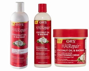 ORS HAIRepair Coconut Oil & Baobab Invigorating Shampoo HAIRepair Coconut Oil and Baobab Restoring Conditioner HAIRepair Coconut Oil and Baobab Anti-Breakage Conditioning Creme - Bundle
