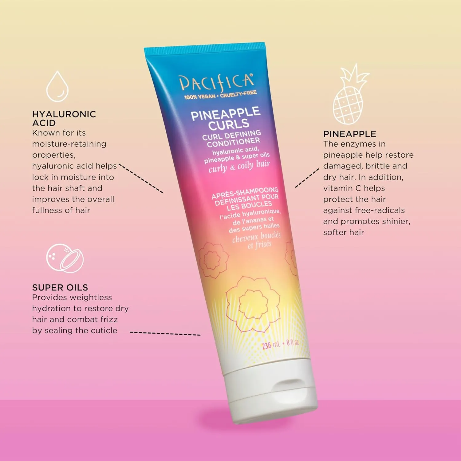 Pacifica Pineapple Curls Shampoo & Conditioner Set – Curl Defining Hair Care for Curly & Coily Hair, Enhances Bounce & Reduces Frizz Sulfate Free Clean Beauty Vegan & Cruelty-Free Dermatologist Tested