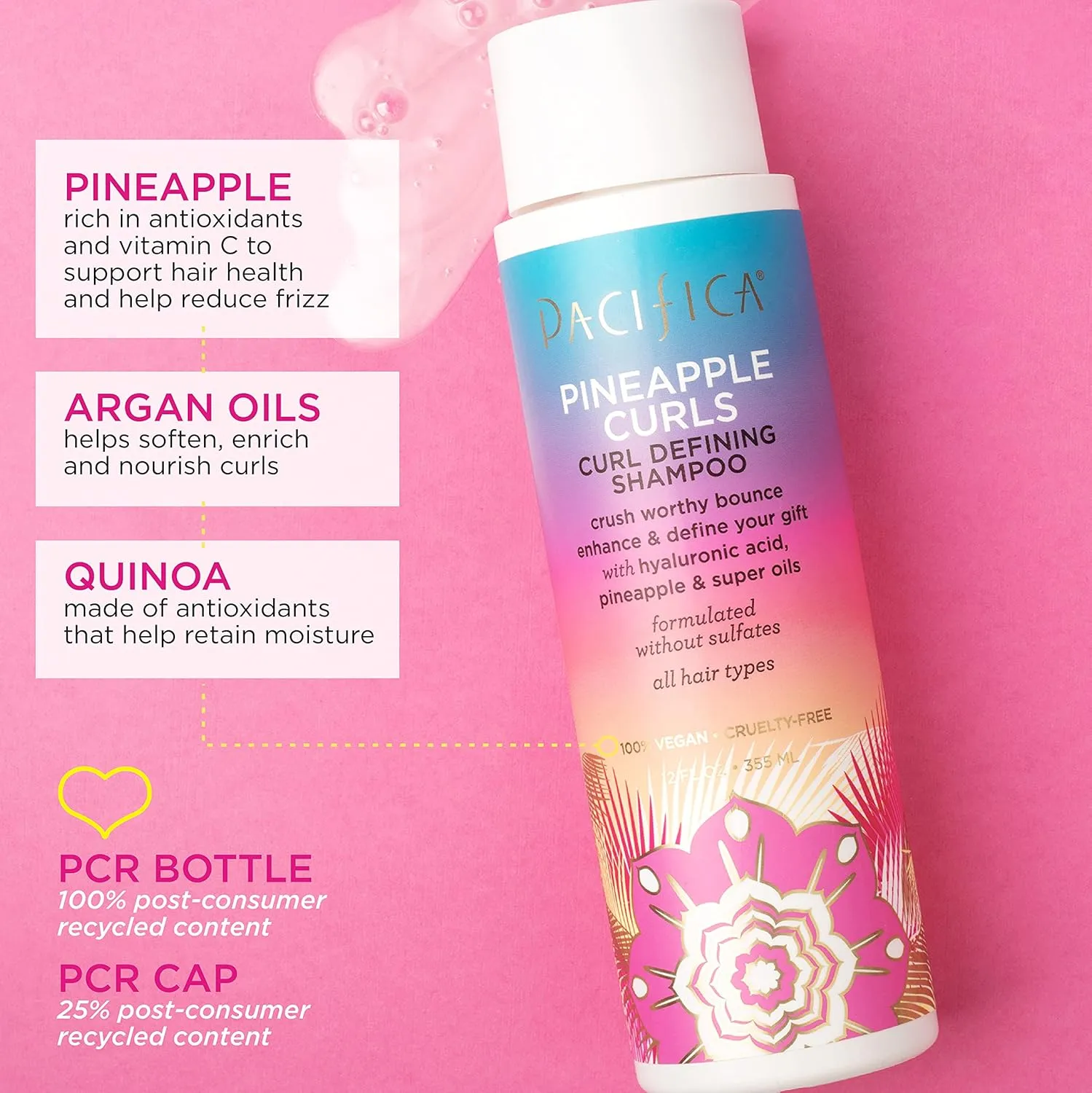 Pacifica Pineapple Curls Shampoo & Conditioner Set – Curl Defining Hair Care for Curly & Coily Hair, Enhances Bounce & Reduces Frizz Sulfate Free Clean Beauty Vegan & Cruelty-Free Dermatologist Tested