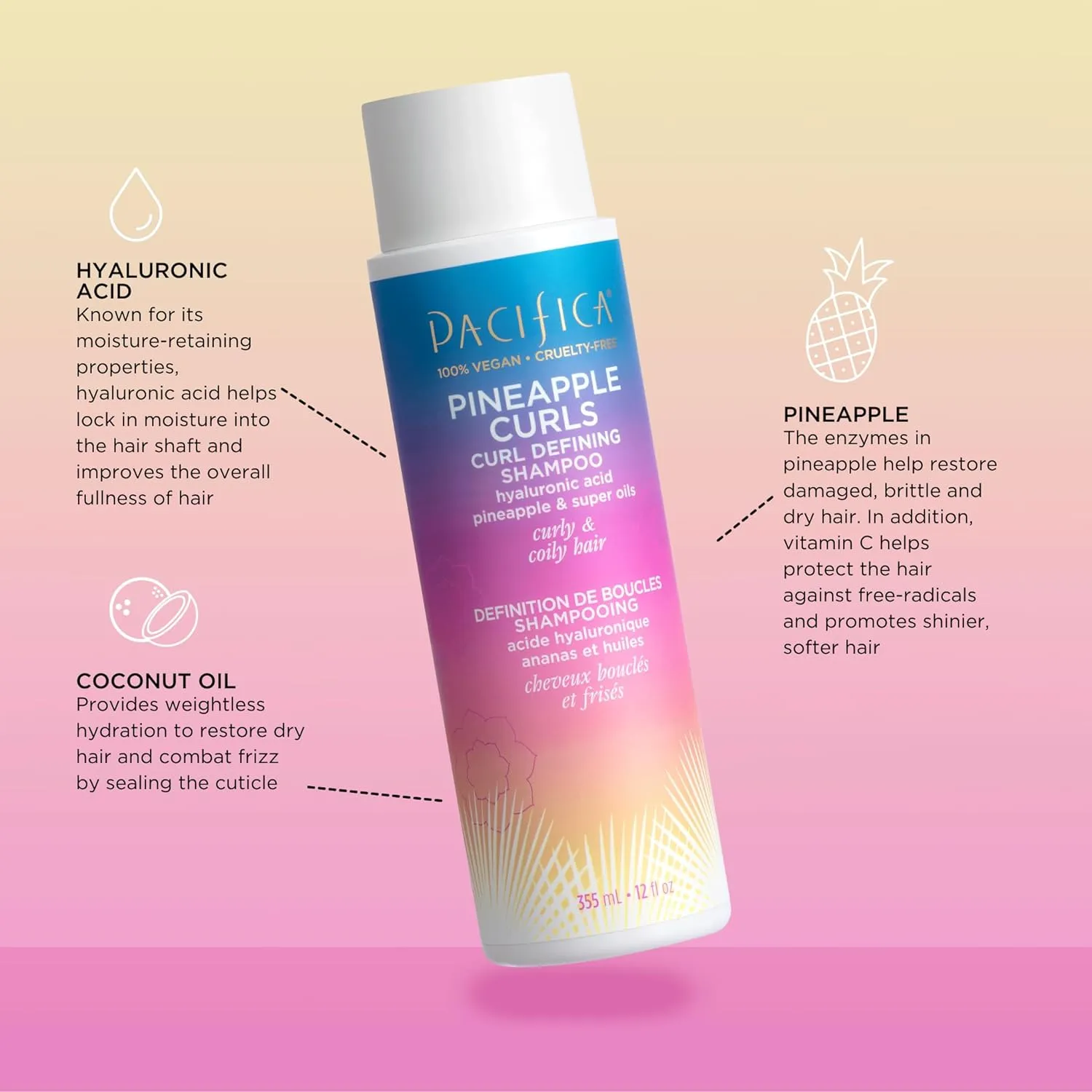 Pacifica Pineapple Curls Shampoo & Conditioner Set – Curl Defining Hair Care for Curly & Coily Hair, Enhances Bounce & Reduces Frizz Sulfate Free Clean Beauty Vegan & Cruelty-Free Dermatologist Tested