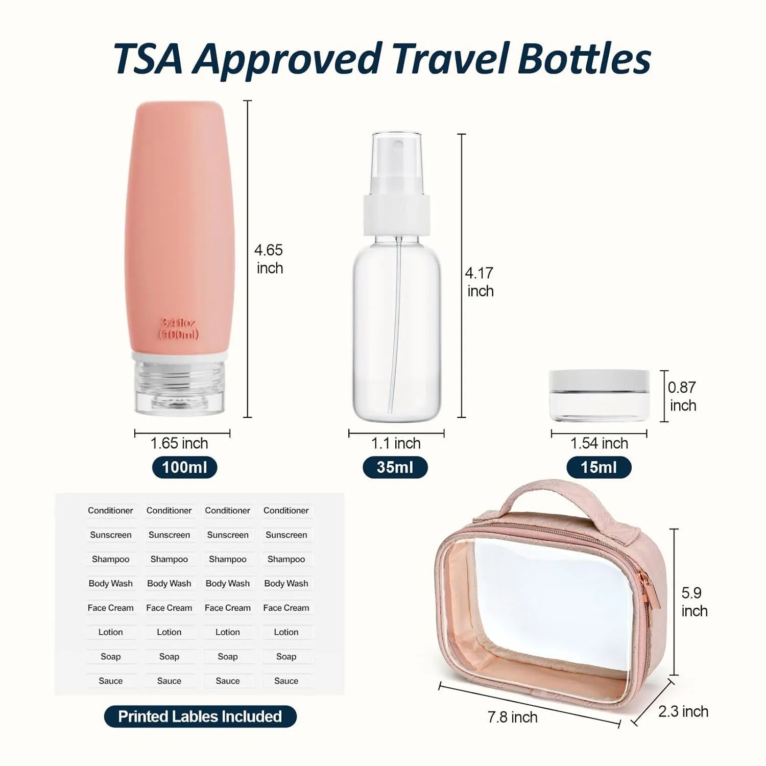 PACKISM TSA Approved Toiletry Bag with Bottles - Travel Essentials 8 Pack Leakproof 3.4oz Silicone Travel Bottles for Toiletries, Shampoo Conditioner Lotion Body Wash BPA Free, Pink