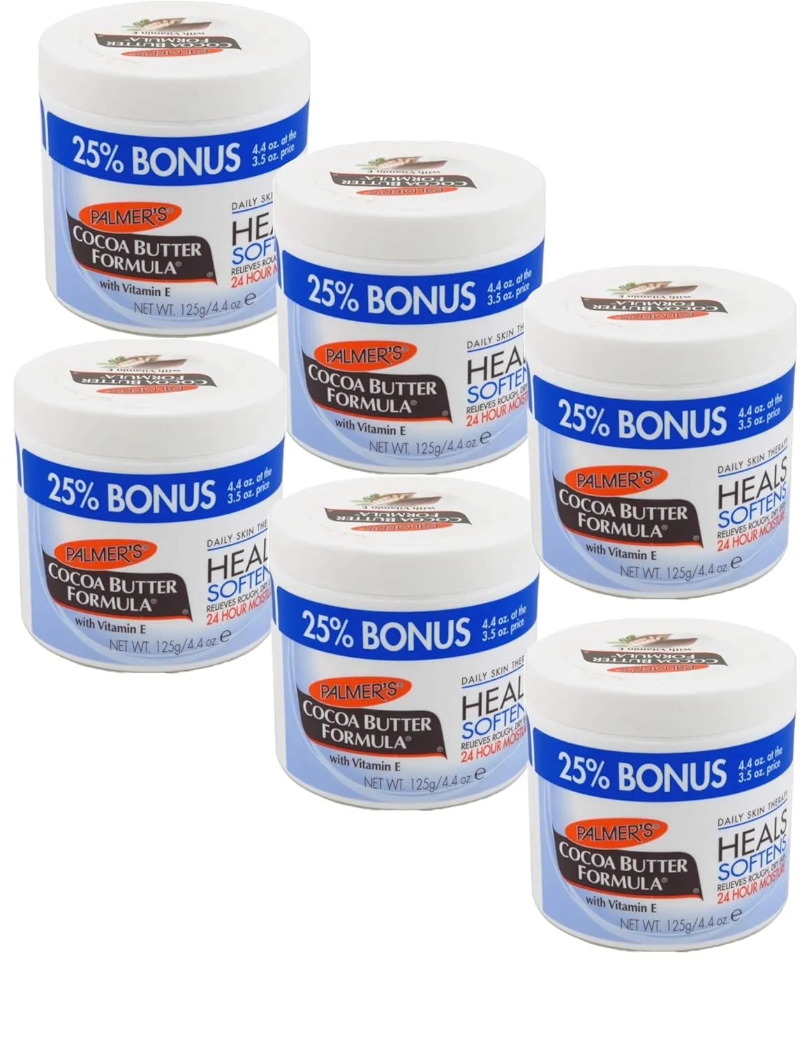 Palmer's Cocoa Butter Formula with Vitamin E, Body Moisturizer, Relieves Rough, Dry Skin, Smoothes Marks & Tones Skin, ("Bonus") 4.4 OZ Jar - 6 Pack