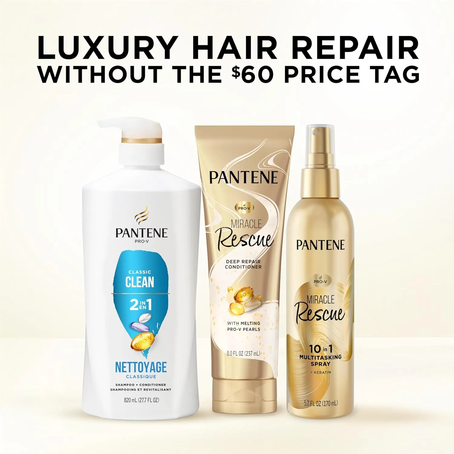 Pantene 2-in-1 Shampoo & Conditioner, Classic Clean - Pro-V Nutrients for Dry, Color-Treated Hair, Healthy Looking Hair Every Wash, Antioxidant-Rich, 27.7 Oz Each, 2-Pack   Rescue Shot (0.5 Oz)