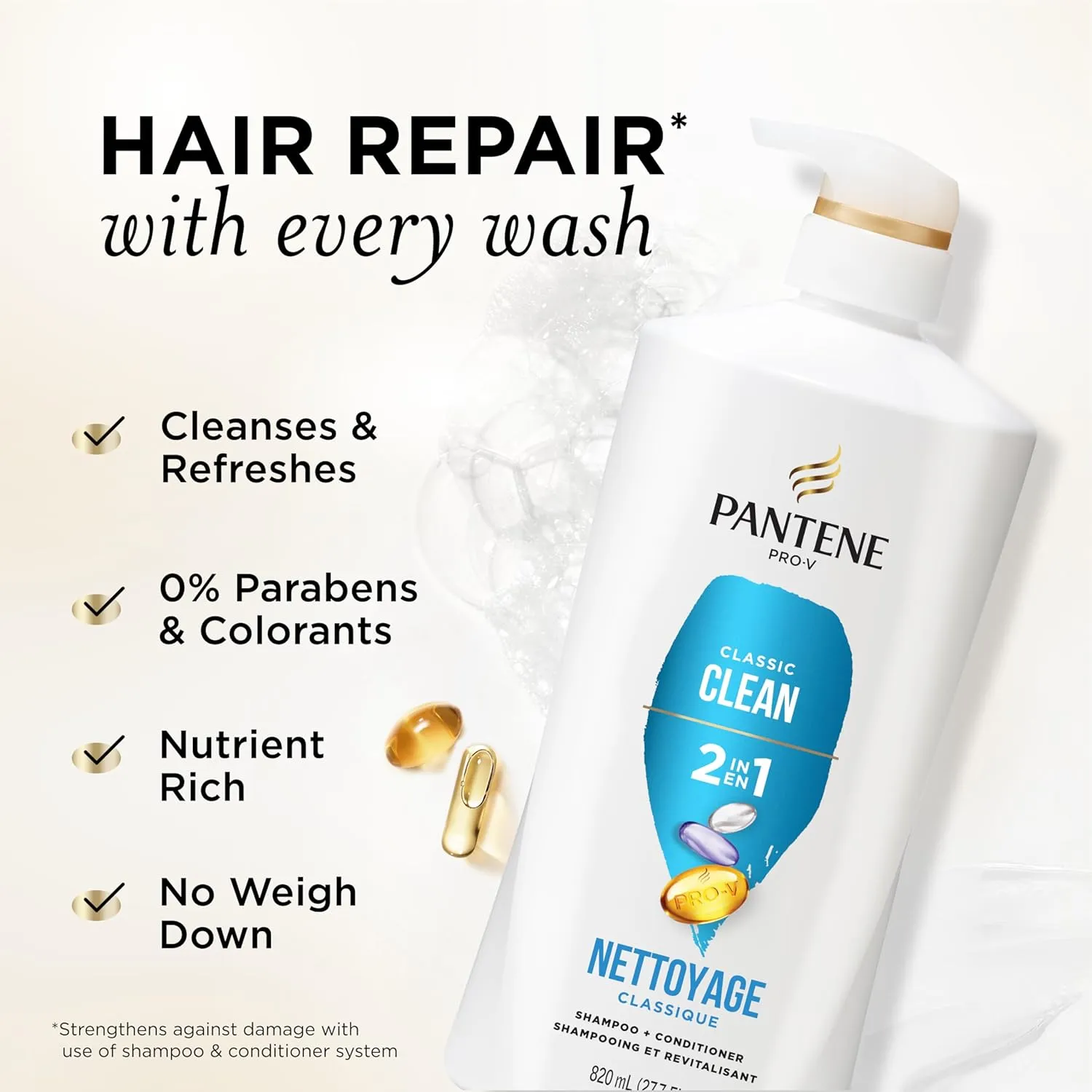 Pantene 2-in-1 Shampoo & Conditioner, Classic Clean - Pro-V Nutrients for Dry, Color-Treated Hair, Healthy Looking Hair Every Wash, Antioxidant-Rich, 27.7 Oz Each, 2-Pack   Rescue Shot (0.5 Oz)