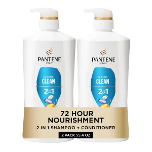 Pantene 2-in-1 Shampoo & Conditioner, Classic Clean - Pro-V Nutrients for Dry, Color-Treated Hair, Healthy Looking Hair Every Wash, Antioxidant-Rich, 27.7 Oz Each, 2-Pack   Rescue Shot (0.5 Oz)