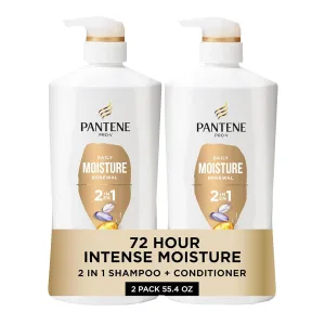 Pantene 2-in-1 Shampoo & Conditioner, Daily Moisture Renewal - Pro-V Nutrients for Dry, Color-Treated, Straight to Curly Hair, 72-Hour Hydration & Softness, 27.7 Oz Each, 2-Pack   Rescue Shot (0.5 Oz)