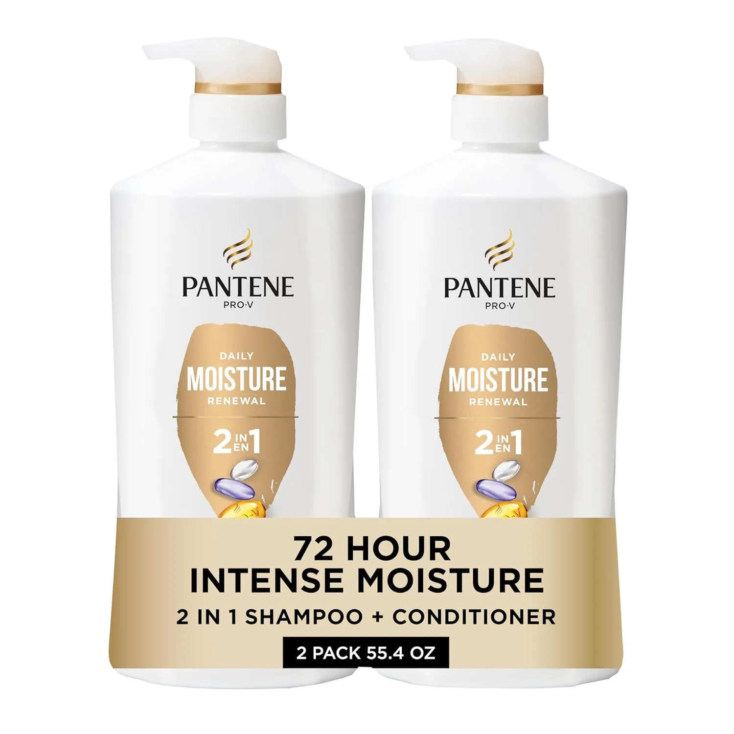 Pantene 2-in-1 Shampoo & Conditioner, Daily Moisture Renewal - Pro-V Nutrients for Dry, Color-Treated, Straight to Curly Hair, 72-Hour Hydration & Softness, 27.7 Oz Each, 2-Pack   Rescue Shot (0.5 Oz)