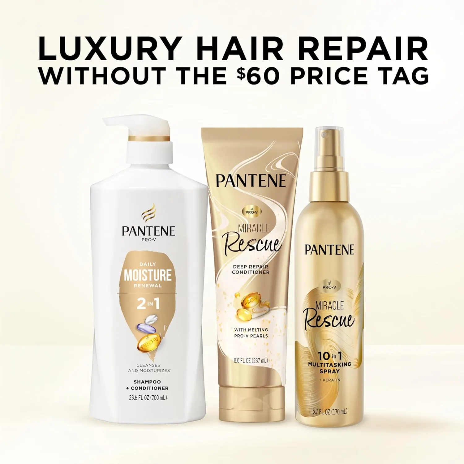 Pantene 2-in-1 Shampoo & Conditioner, Daily Moisture Renewal - Pro-V Nutrients for Dry, Color-Treated, Straight to Curly Hair, 72-Hour Hydration & Softness, 27.7 Oz Each, 2-Pack   Rescue Shot (0.5 Oz)