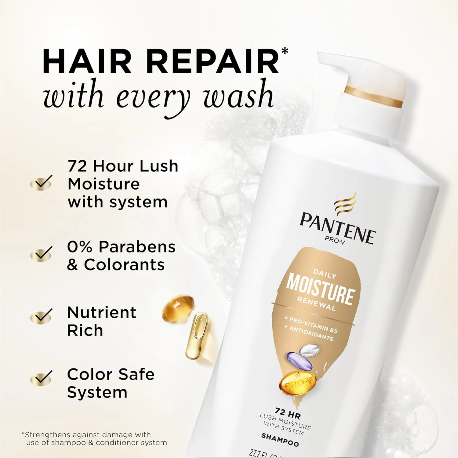 Pantene 2-in-1 Shampoo & Conditioner, Daily Moisture Renewal - Pro-V Nutrients for Dry, Color-Treated, Straight to Curly Hair, 72-Hour Hydration & Softness, 27.7 Oz Each, 2-Pack   Rescue Shot (0.5 Oz)