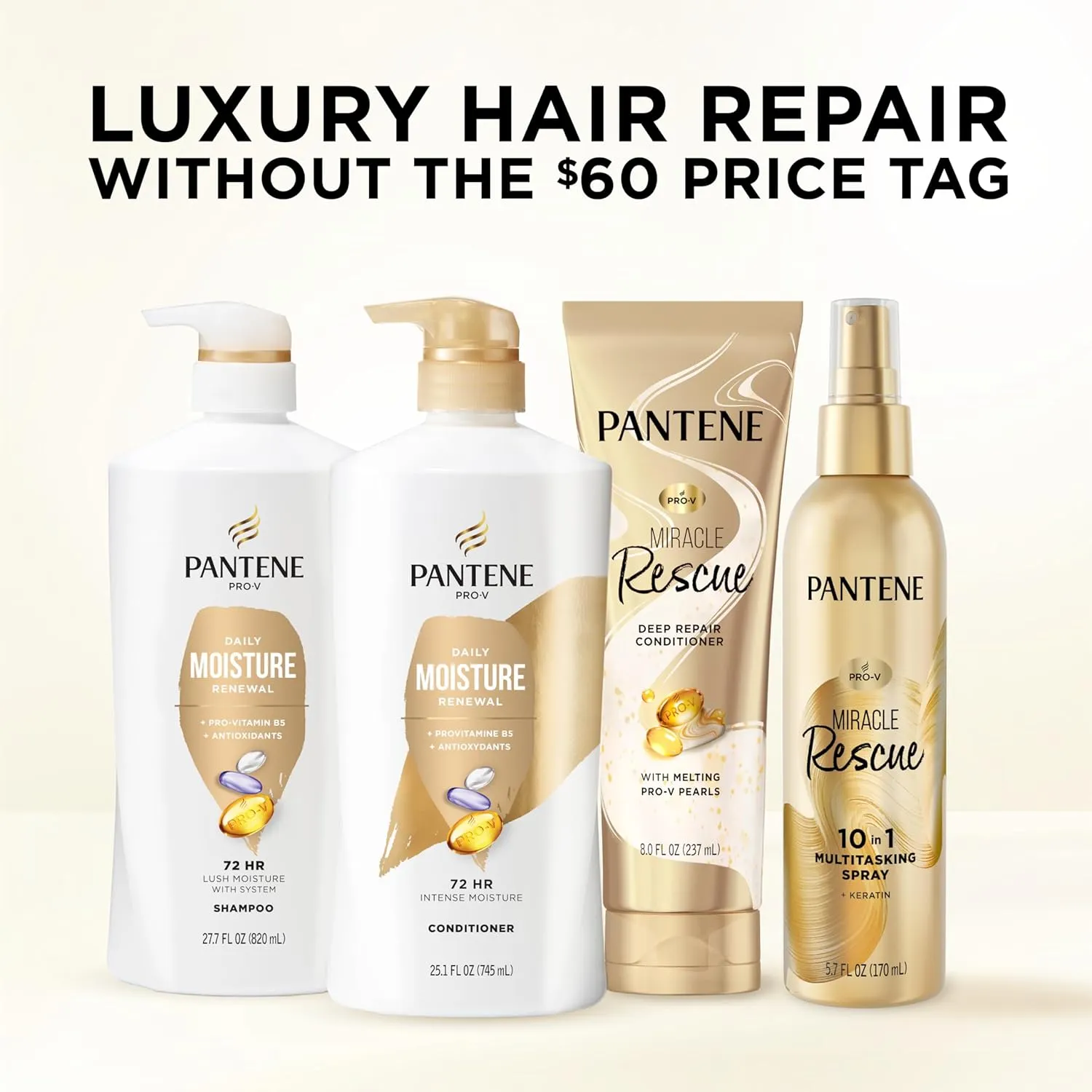 Pantene Shampoo & Conditioner Set, Daily Moisture Renewal - Pro-V Nutrients for Dry, Color-Treated, Straight to Curly Hair, 72-Hour Hydration & Softness, 52.8 Oz Total   Miracle Rescue Shot (0.5 Oz)