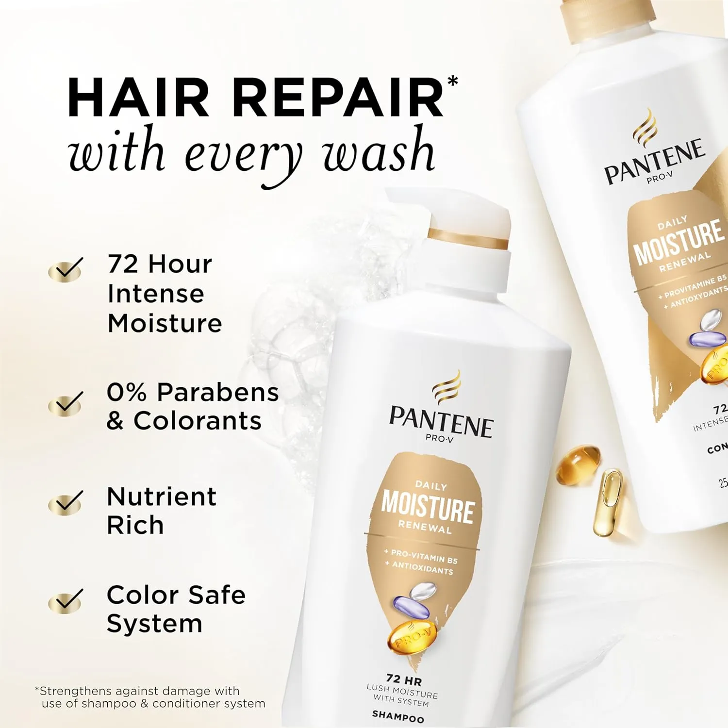 Pantene Shampoo & Conditioner Set, Daily Moisture Renewal - Pro-V Nutrients for Dry, Color-Treated, Straight to Curly Hair, 72-Hour Hydration & Softness, 52.8 Oz Total   Miracle Rescue Shot (0.5 Oz)