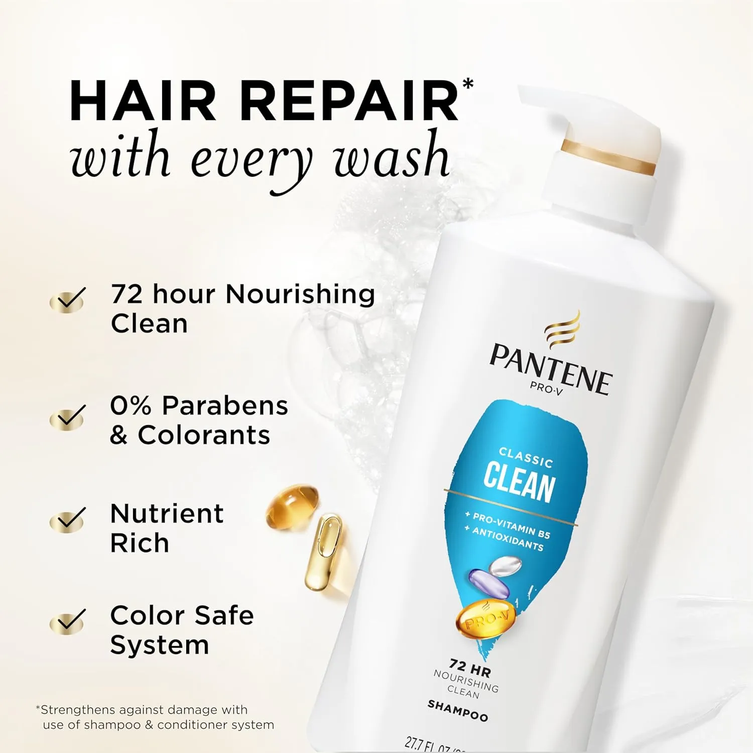 Pantene Shampoo, Classic Clean - Pro-V Nutrients for Dry, Color-Treated Hair, Healthy Looking Hair Every Wash, Antioxidant-Rich, 27.7 Oz Each, 2-Pack   Miracle Rescue Shot (0.5 Oz)
