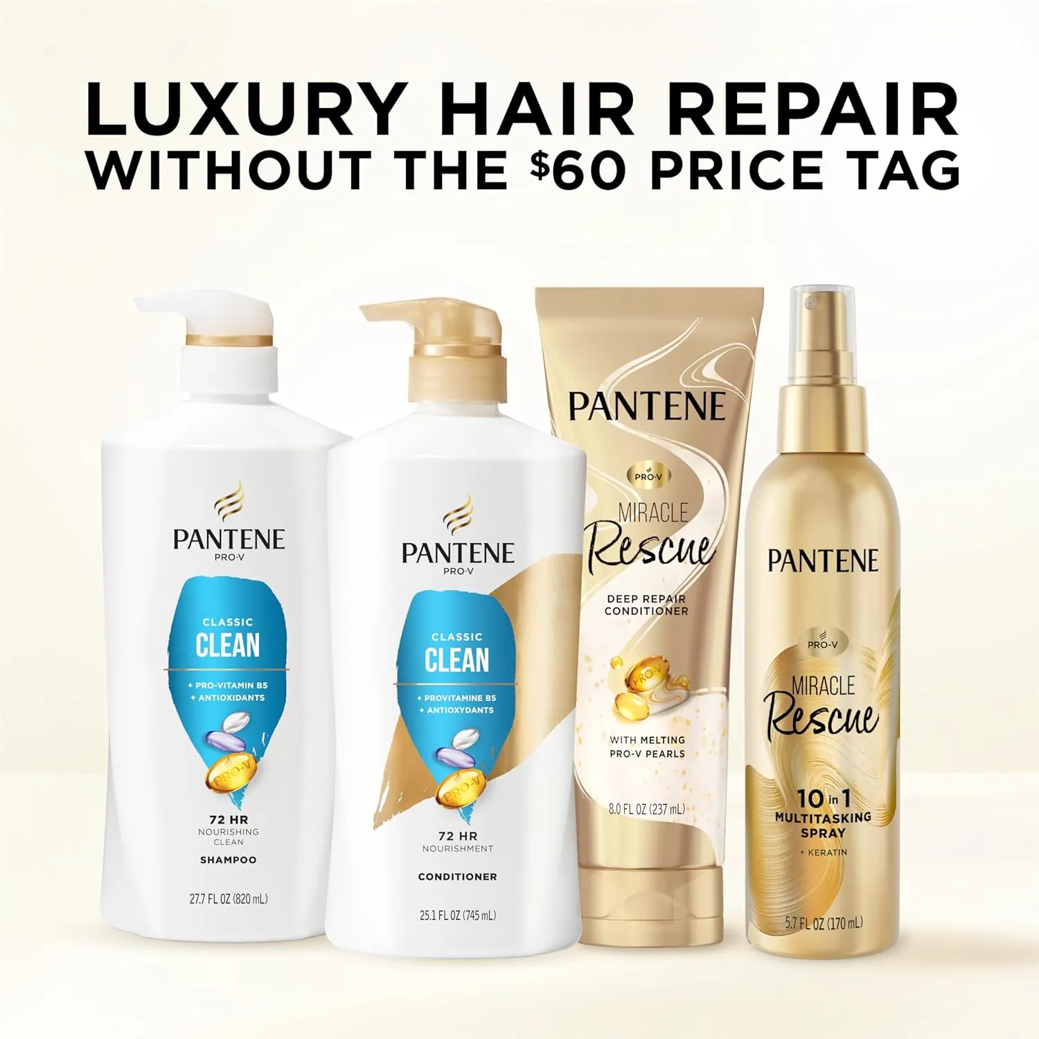 Pantene Shampoo, Classic Clean - Pro-V Nutrients for Dry, Color-Treated Hair, Healthy Looking Hair Every Wash, Antioxidant-Rich, 27.7 Oz Each, 2-Pack   Miracle Rescue Shot (0.5 Oz)