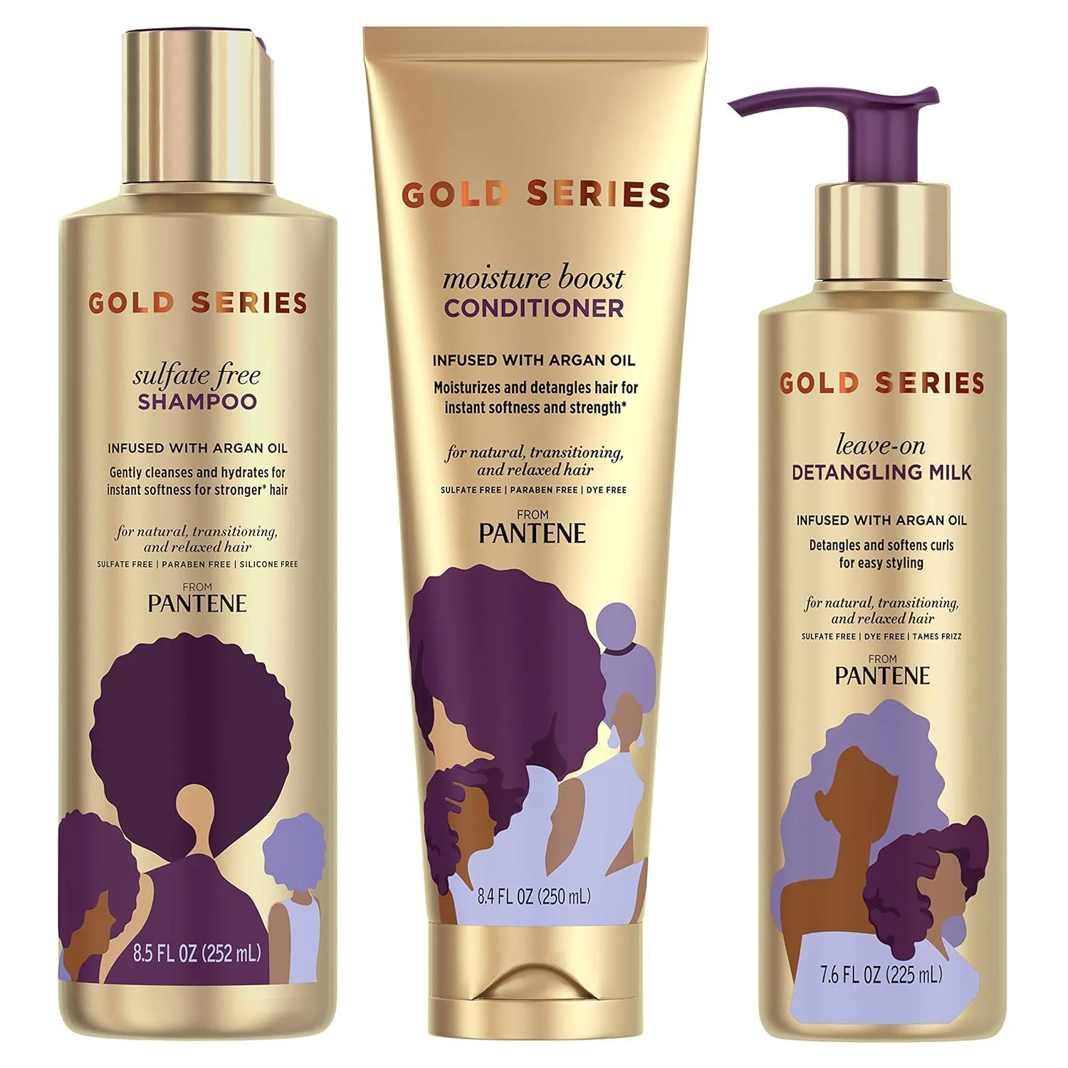 Pantene, Shampoo, Conditioner, and Detangling Milk Hair Treatment Kit, with Argan Oil, Sulfate Free, Pro-V Gold Series, for Natural and Curly Textured Hair