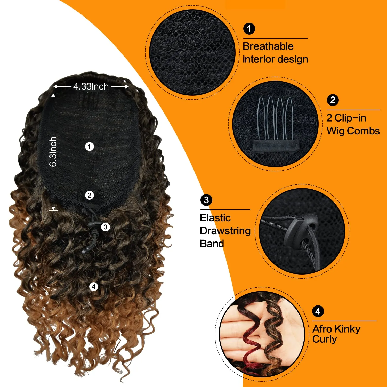 PEACOCO Drawstring Ponytail Afro Kinky Curly Ponytail for Black Women, 10 Inch Synthetic Hairpieces Clip in Jerry Curls Afro Puff Ponytail Extensions (1BT30)