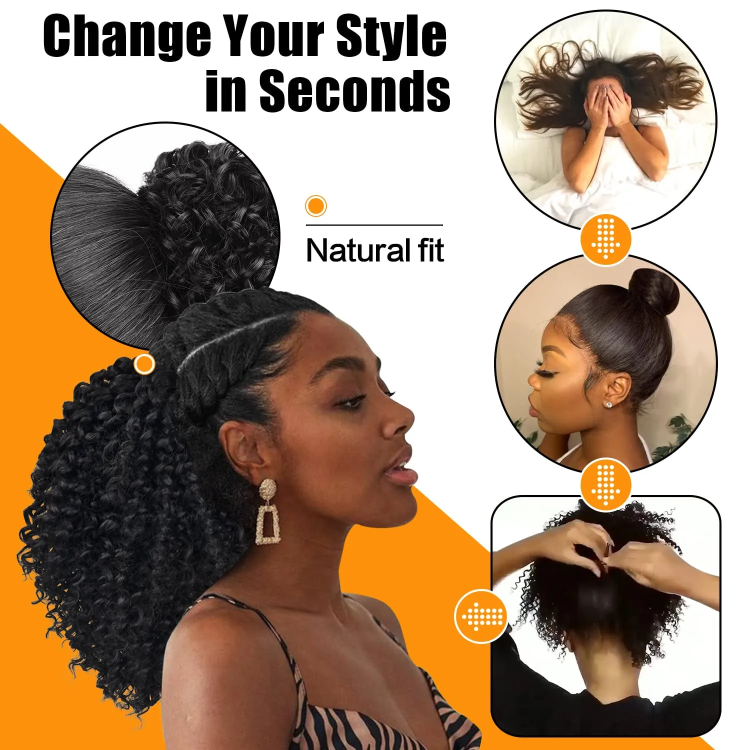PEACOCO Drawstring Ponytail Afro Kinky Curly Ponytail for Black Women, 10 Inch Synthetic Hairpieces Clip in Jerry Curls Afro Puff Ponytail Extensions (1BT30)