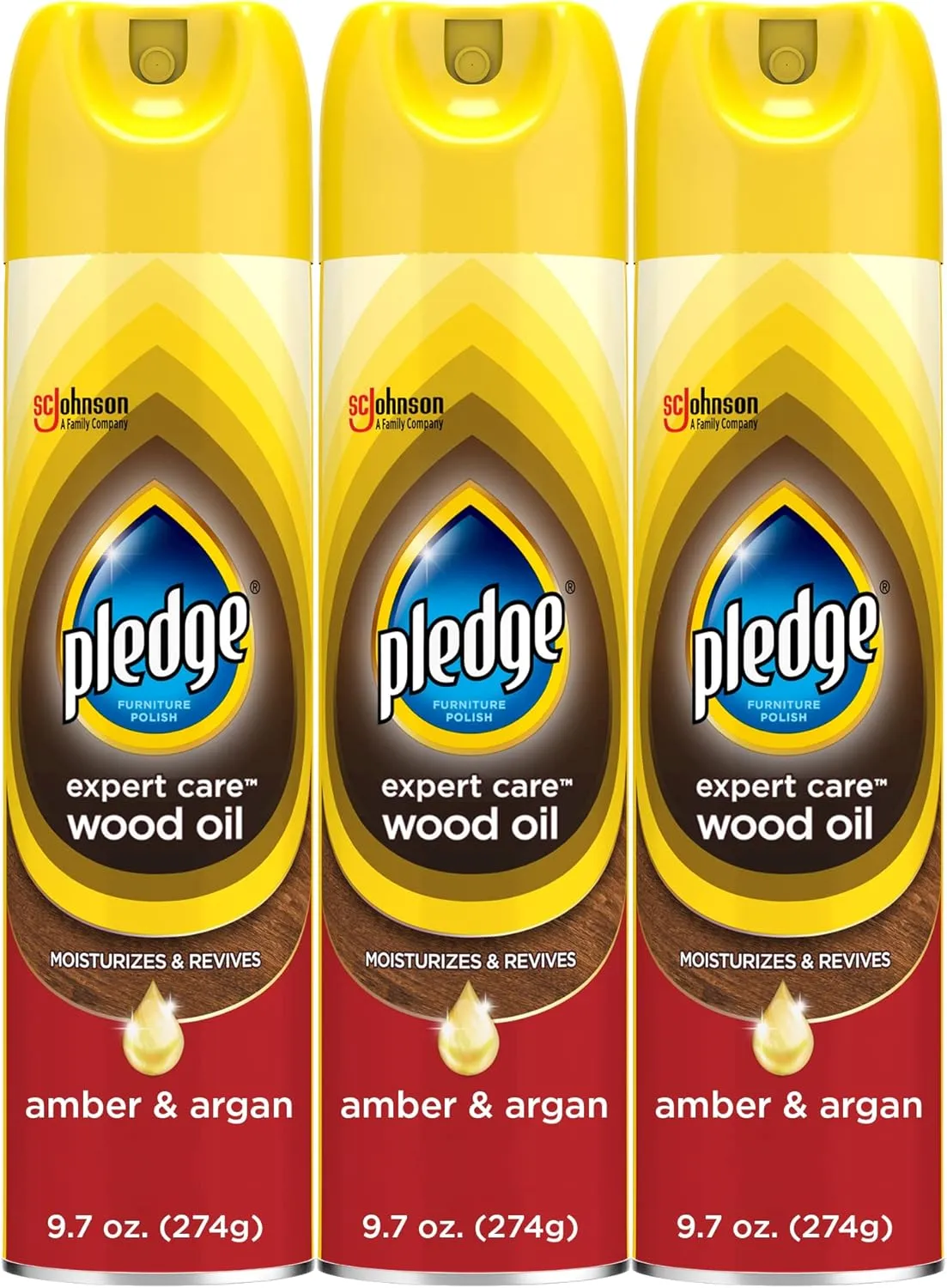 Pledge Moisturizing Wood Oil, Furniture Reviving Spray, Amber & Argan Scent, 9.7oz (Pack of 3)