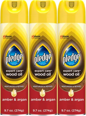 Pledge Moisturizing Wood Oil, Furniture Reviving Spray, Amber & Argan Scent, 9.7oz (Pack of 3)