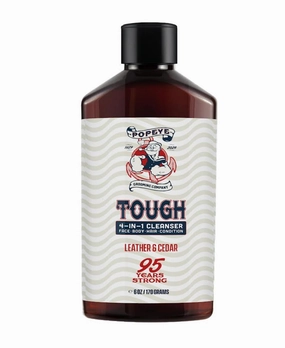 Popeye Shaving Co Tough Men's Face Cleanser, Body Wash, Hair and Condition, 4-in-1 Facial Body Hair Conditioner and Cleansers for Men, Leather & Cedar Scent, 6 oz