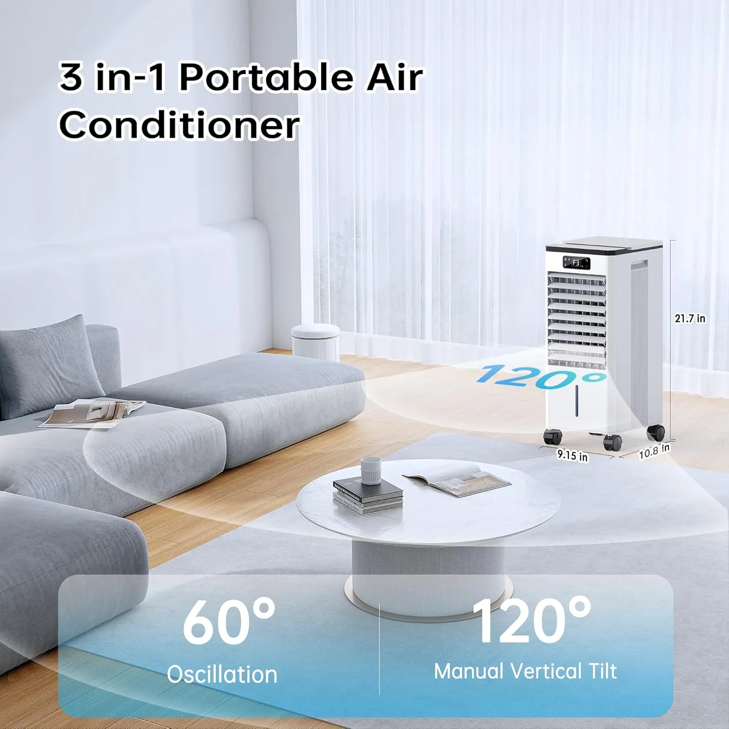 Portable Air Conditioners, 3-IN-1 Swamp Cooler, Evaporative Air Cooler, 4 Modes & 3 Speeds, 2-Gal Water Tank for Cooling, 16 FT/S Remote Control, Windowless Air Conditioner for Indoors