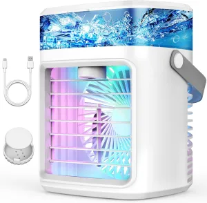 Portable Air Conditioners, Fast Cooling Evaporative Personal Air Cooler with 3 Wind Speeds, 2/4H Timer, 7 Color Lights, Mini Air Conditioner, USB Portable AC Unit Fan for Bedroom Office Camping Car