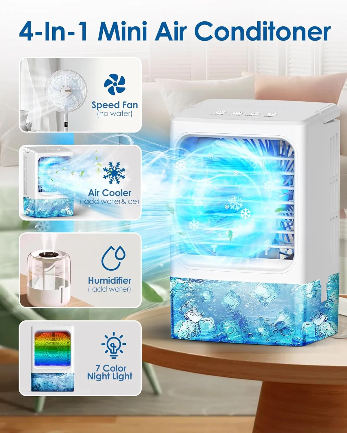 Portable Air Conditioners,Upgraded Small Air Conditioner Personal Air Cooler Mini Evaporative Cooler 3 Wind Speed Portable Small AC with 7 Night Light for Room Home Bedroom Office (White)